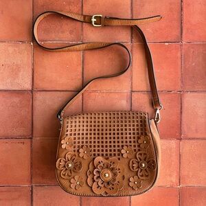 Coco + Carmen Brown Leather Floral Cutout Crossbody Purse Shoulder Bag GUC